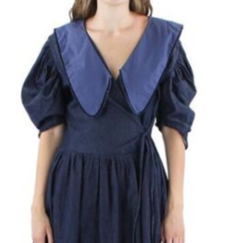 Beulah Navy Blue Cotton Mini Dress with Contrast Collar